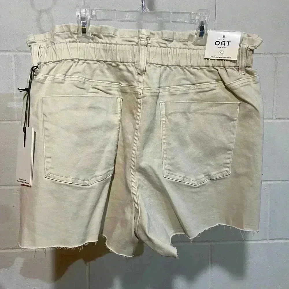 OAT New York High Waist Slouchy Denim Shorts XL Beige Elastic Waist Raw Hem‎ NWT